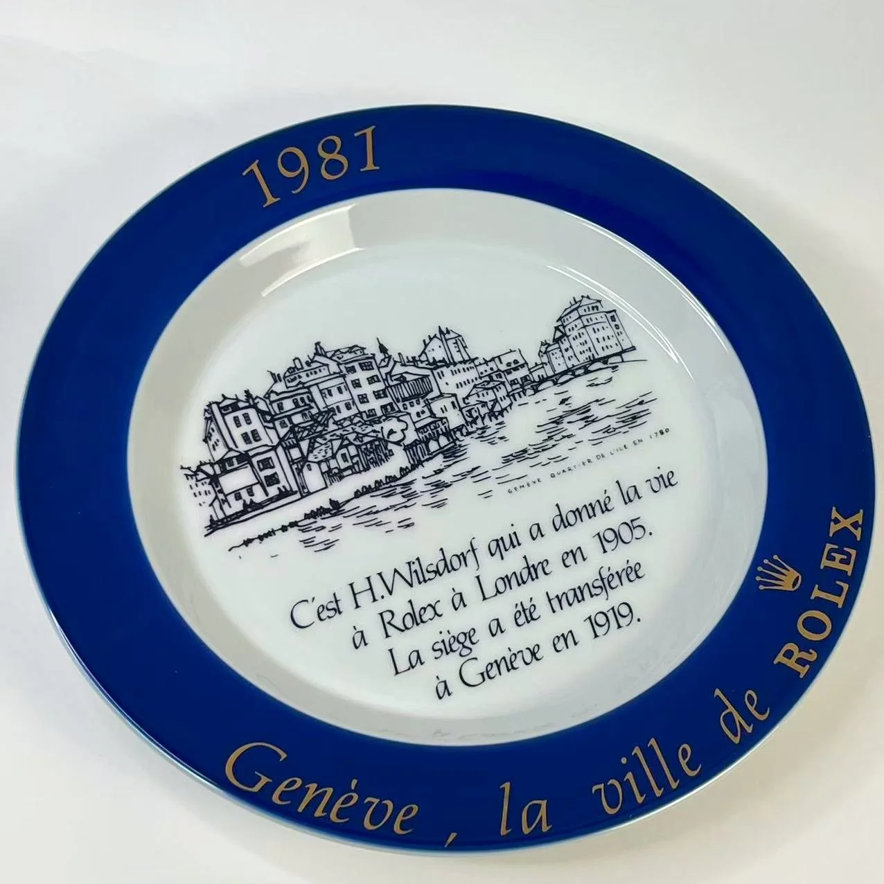Rolex 1981 Geneva Commemorative Porcelain Plate Blue Gold Vintage